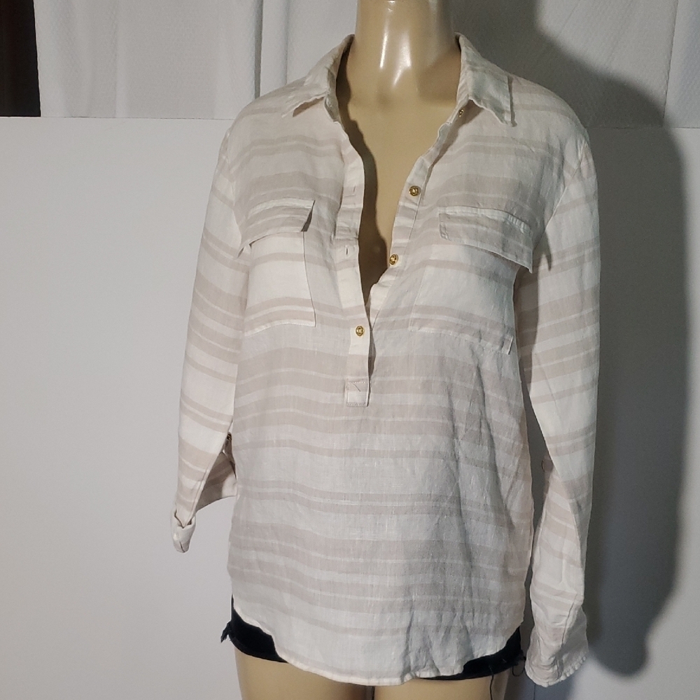 Ellen Tracy 100% Linen Roll Tab Sleeve‎ Striped Beige Button-Up Top Size M